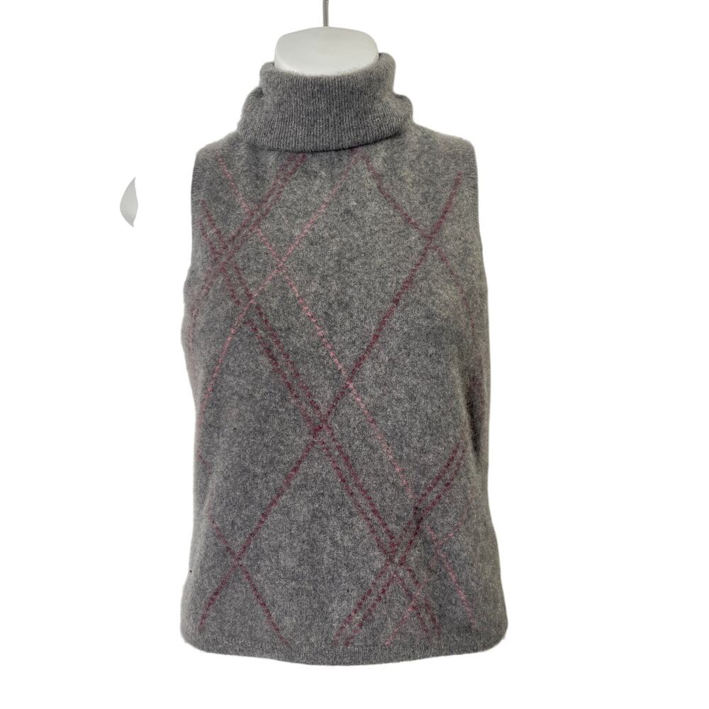 Ann Taylor 100% Cashmere Argyle Turtleneck Sweater Vest Small Gray Pink Preppy